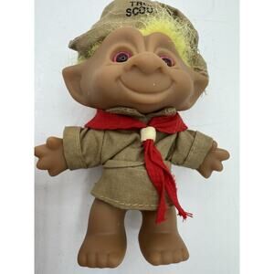 Vintage Troll Scout Ace Novelty Doll Yellow Hair Uniform Pink Eyes